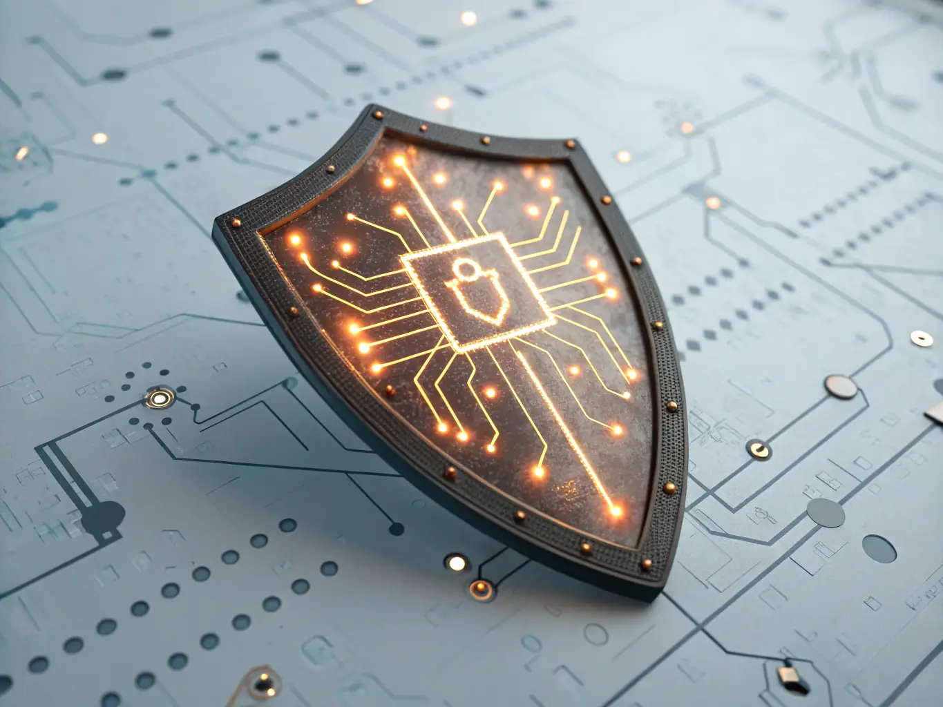 A high-resolution image of a digital shield overlaying a network of data streams, symbolizing robust cybersecurity and data protection, used to highlight A Lumindlgital's security features.