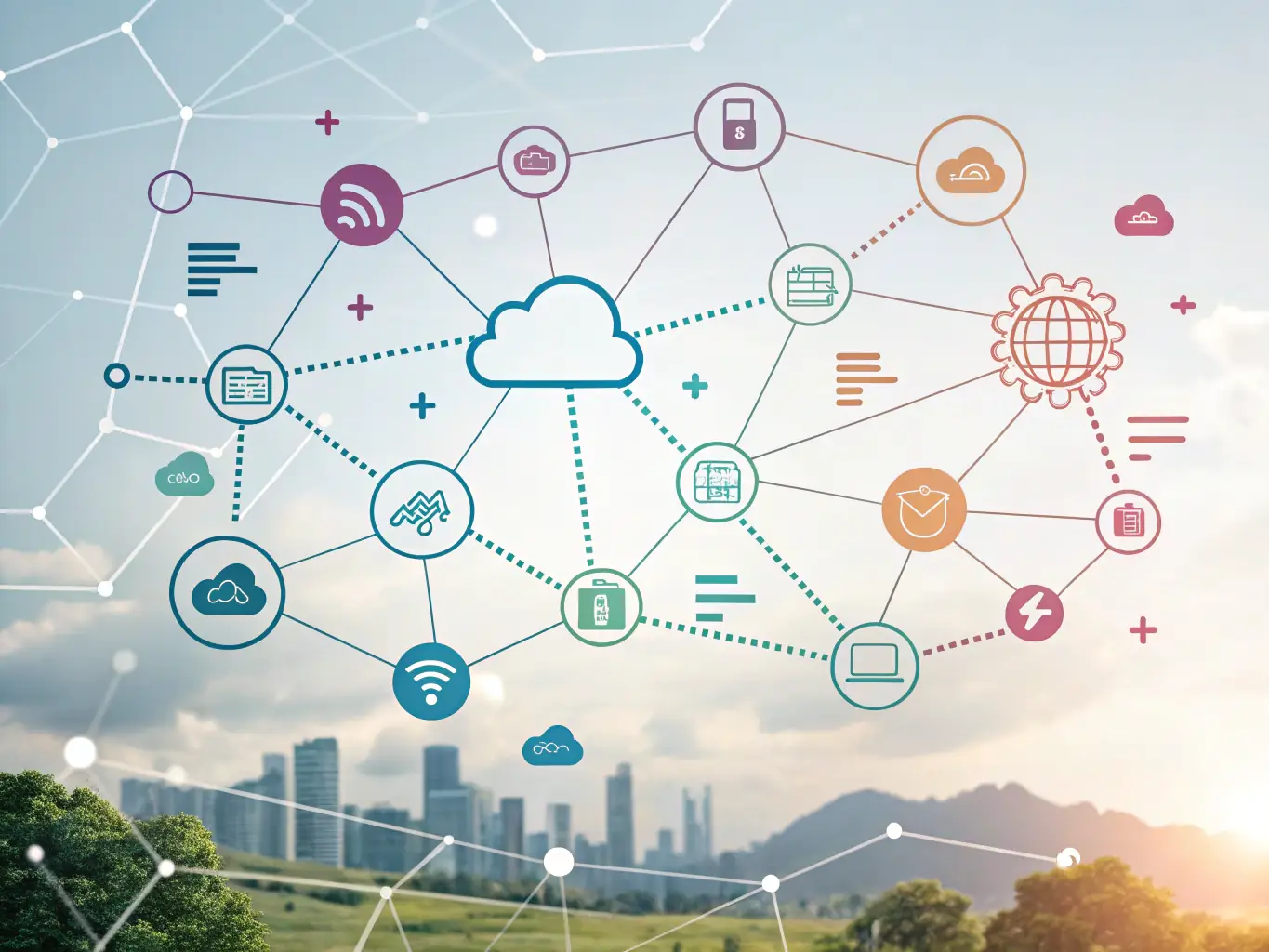A modern digital illustration of a cloud infrastructure with glowing interconnected nodes, representing advanced connectivity and secure data exchange, used to visually communicate the adaptability of A Lumindlgital's platform.