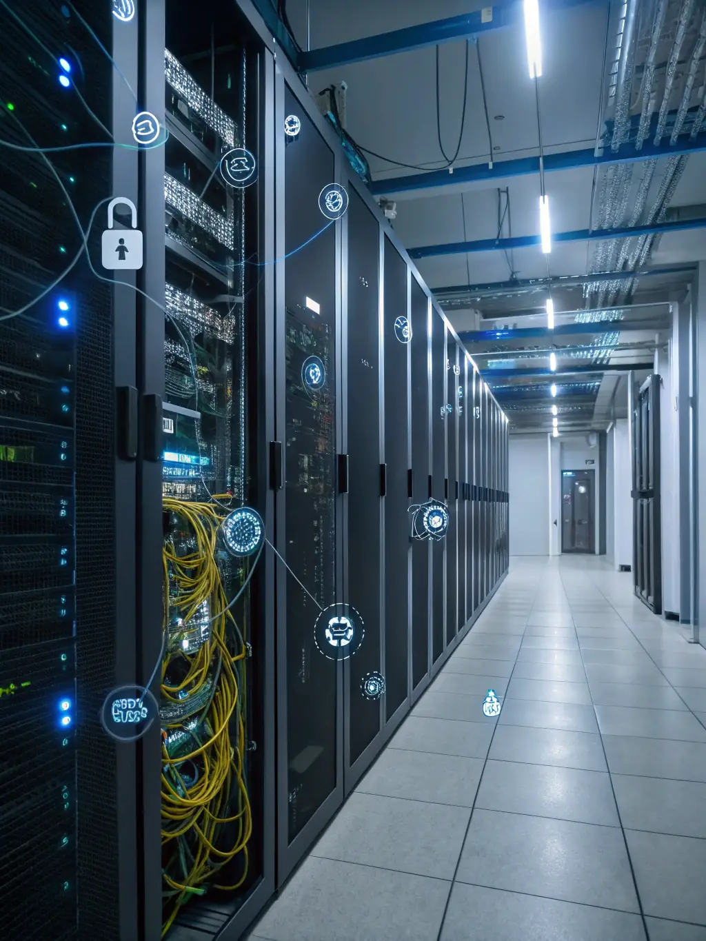 A detailed illustration of a secure data center with biometric access, encrypted data streams, and shield icons, emphasizing robust security protocols for a cloud technology platform.