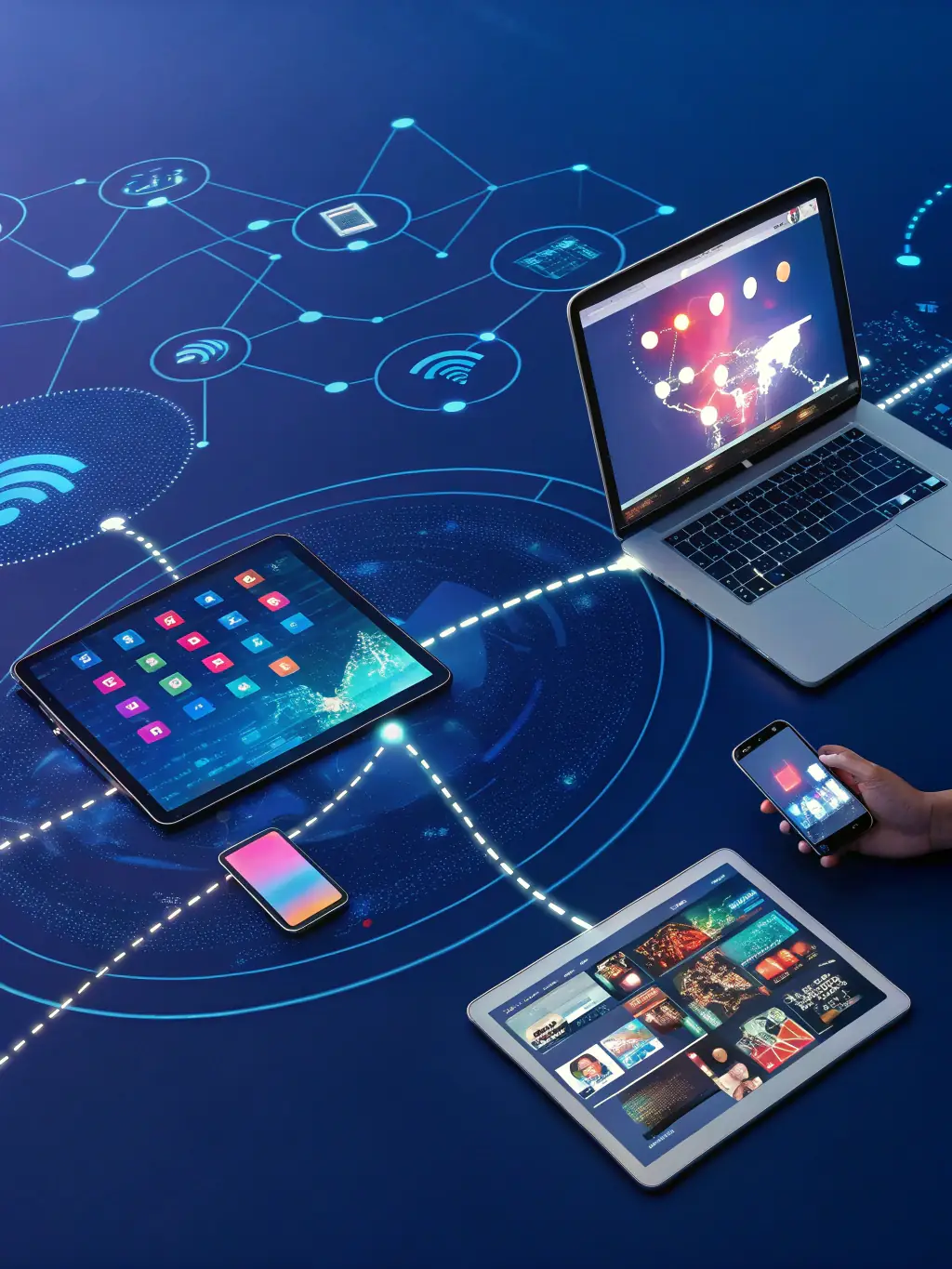 A dynamic image of interconnected devices and APIs, showing seamless integration between various business tools and cloud services, suitable for a tech solutions provider.